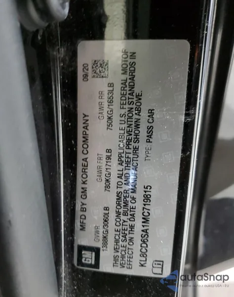 2021 Chevrolet Spark 1Lt z USA, uszkodzony, nr VIN KL8CD6SA1MC719815